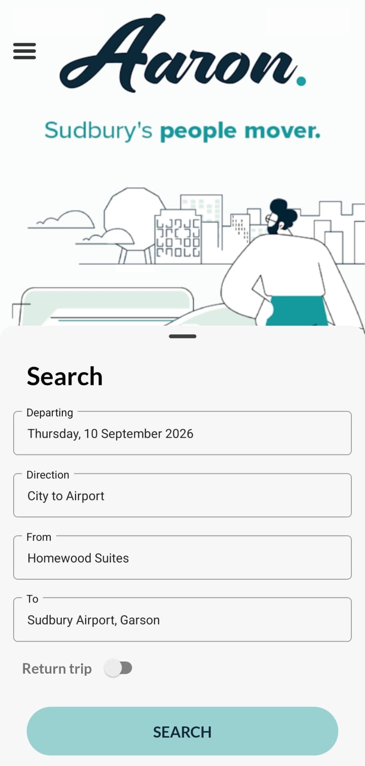 The Aaron app's shuttle search screen